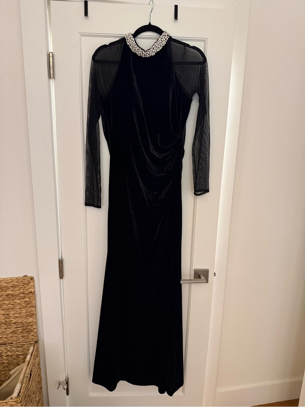 Eliza J Black Long Sleeve Velvet Gown with Pearl Collar